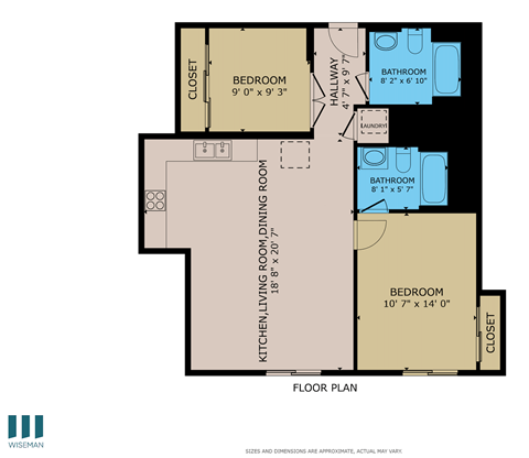 A floor plan of a house with three bedrooms, two bathrooms, a kitchen, and a living room.